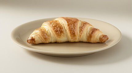 Freshly baked croissant, golden flaky layers on a neutral plate, perfect for breakfast or brunch, inviting and delicious.