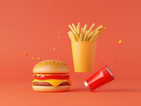 American Fast Food Delight Burger and Fries Scene Studio Setting Minimalist Design Eye-Catching Orange Background