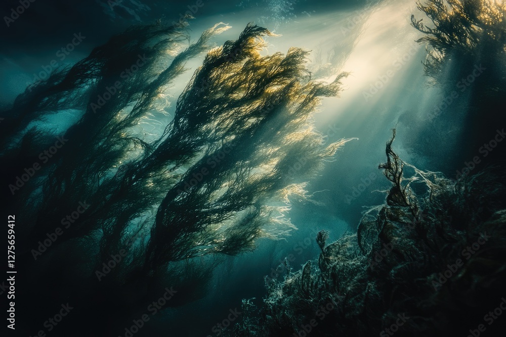 Poster Sunbeams illuminate a mesmerizing underwater kelp forest, creating a dramatic and ethereal scene.