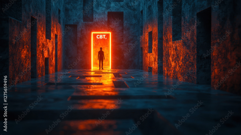 Poster finding clarity in a dark maze as a person approaches the glowing exit marked cbt, symbolizing liber
