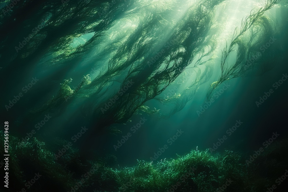 Aufkleber Sunbeams illuminate an underwater kelp forest, creating a mystical, ethereal scene of swaying seaweed.