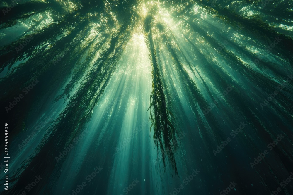 Poster Sunbeams pierce through a dense kelp forest, creating a mesmerizing underwater scene.