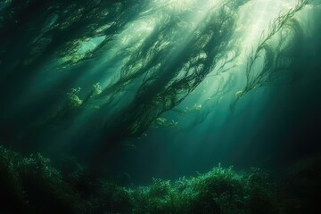Fototapeta premium Sunbeams illuminate an underwater kelp forest, creating a mystical, ethereal scene of swaying seaweed.