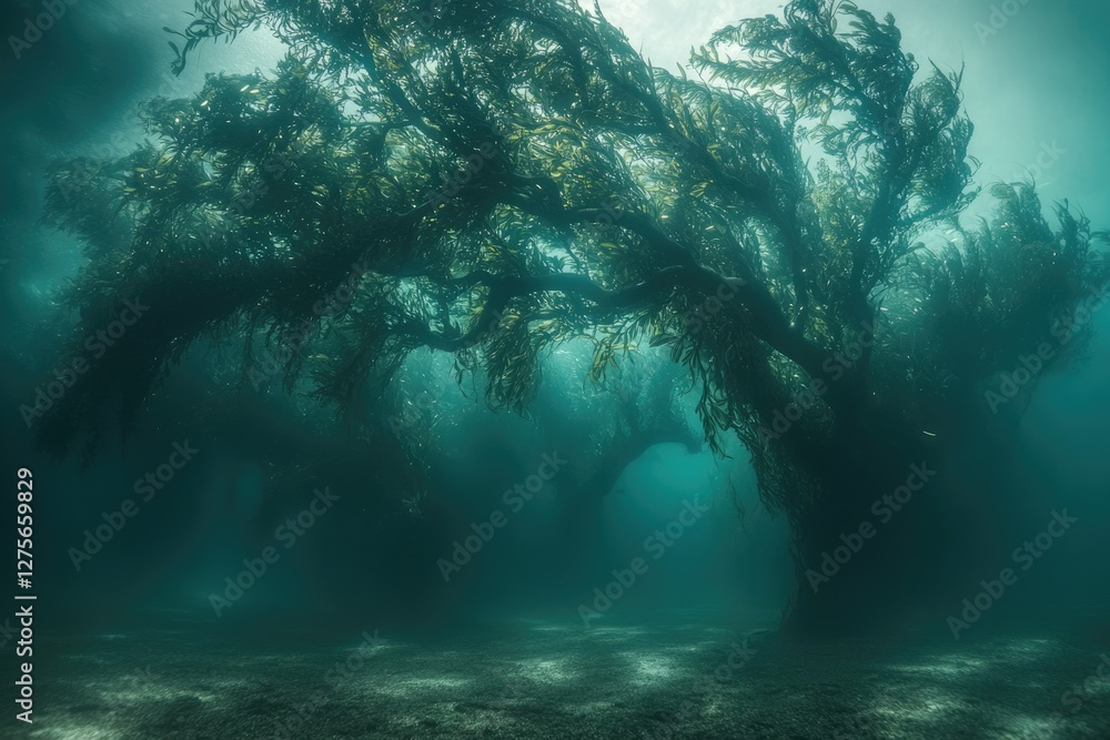 Poster submerged kelp forest creates an ethereal underwater landscape, resembling ancient trees in a mystic