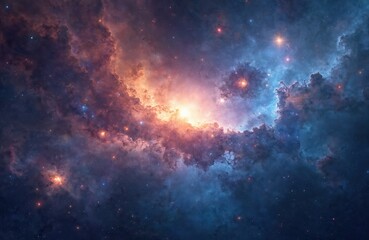 Naklejka premium Impressionist painting of galaxy with nebulae. Stars glow in night sky. Purple, blue, red, orange colors create cosmic, celestial artwork. Space exploration background.