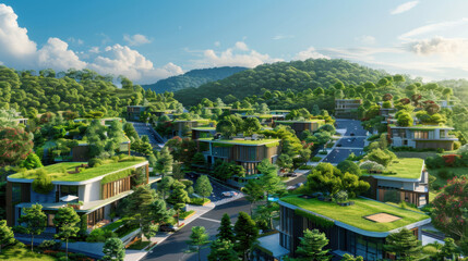 Fototapeta premium Futuristic eco-friendly city with green roofs and urban forest, scenes for sustainable urban design themes, environmental protection publicity, future city planning, green building projects, Arbor Day