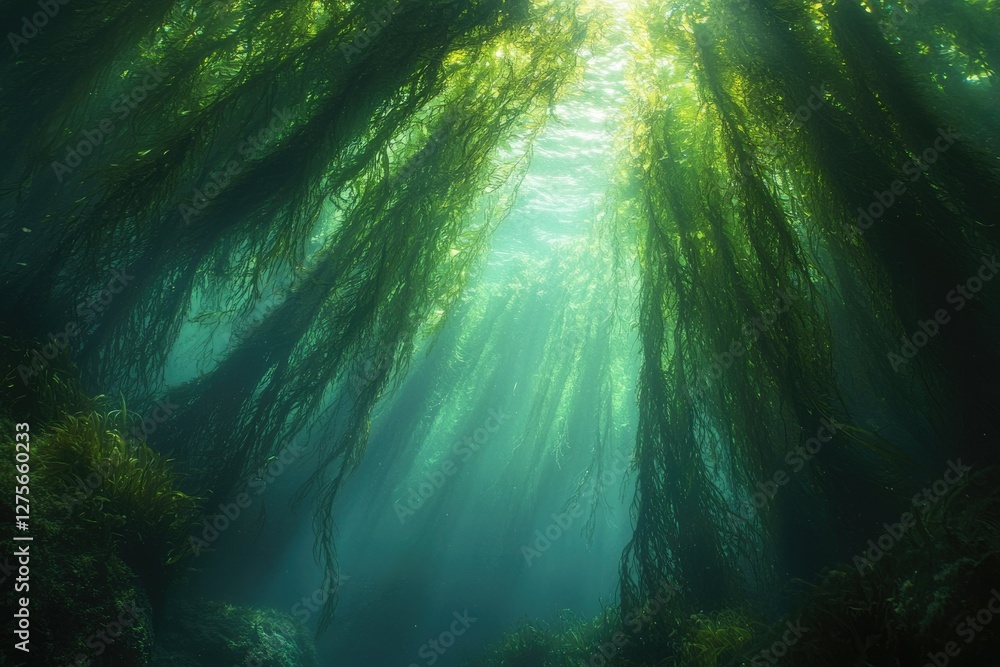 Poster sunbeams illuminate an underwater kelp forest, creating a mystical, ethereal scene.