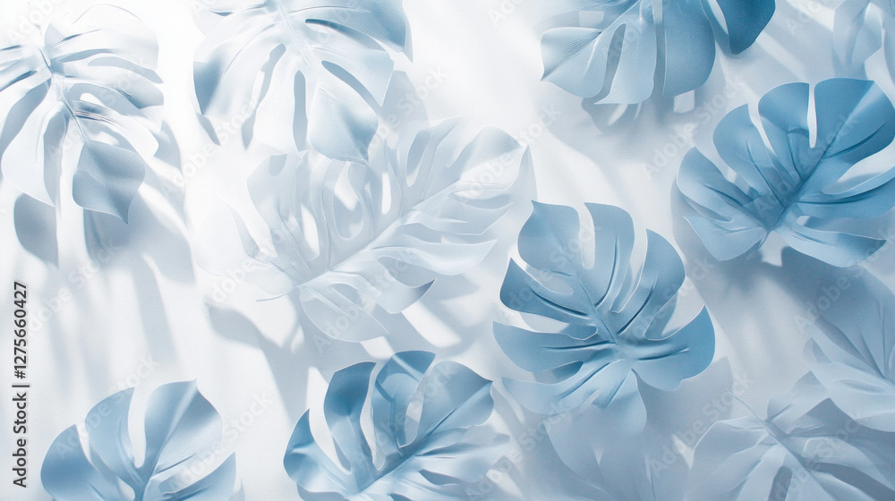 Poster shadows of tropical leaves create a calming pattern on a soft light background, enhancing serene amb