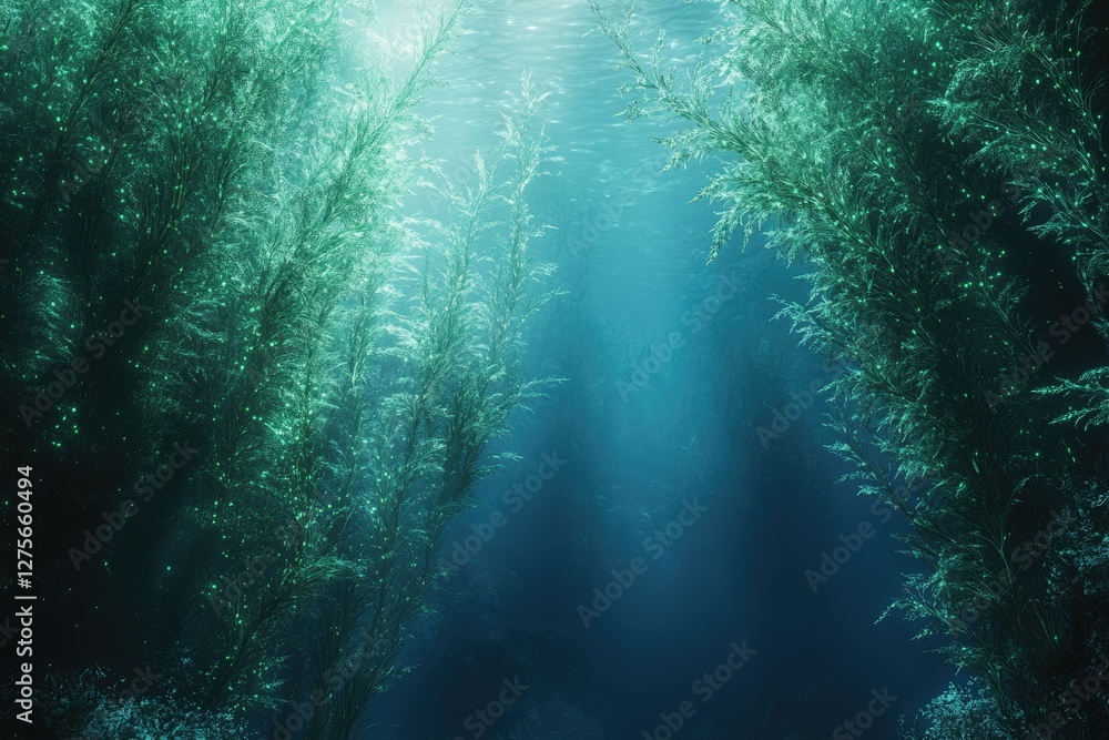 Poster sunbeams illuminate an underwater kelp forest, creating a serene and magical scene.