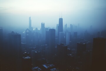 Fototapeta premium A misty urban skyline emerges from the fog, toppling towards infinity with subtle blue hues and towering skyscrapers enveloped in mystery.