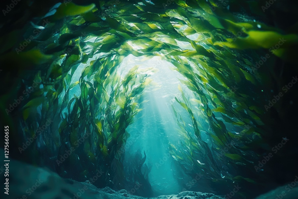 Poster sunbeams illuminate a dense kelp forest, creating an underwater archway of vibrant green seaweed.