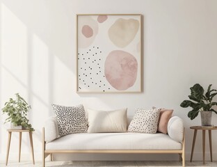 Abstract art print on sofa, sunlit room, interior design