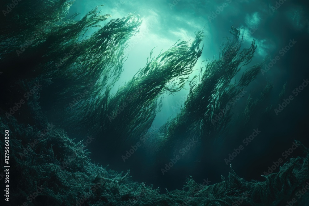Aufkleber Mysterious underwater kelp forest, sunlight filtering through swaying seaweed creating an ethereal scene.