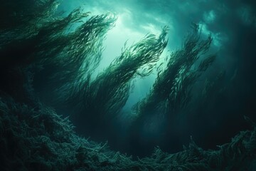 Fototapeta premium Mysterious underwater kelp forest, sunlight filtering through swaying seaweed creating an ethereal scene.