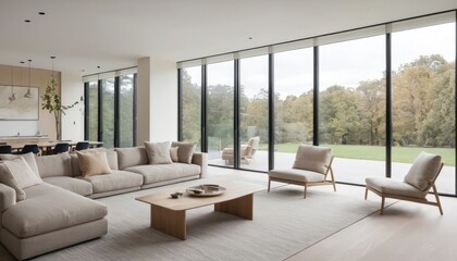 A Modern Living Room with Floor-to-Ceiling Glass Windows and a Soft Neutral Palette