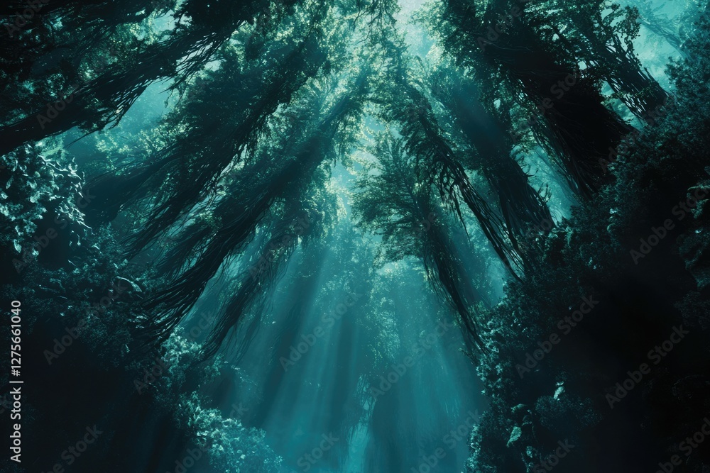 Poster sunbeams pierce a dark, underwater forest, creating an ethereal and mysterious scene.