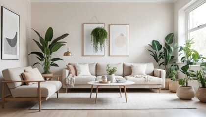A Calming Minimalist Living Room with Soft Tones, Sleek Decor, and Potted Plants