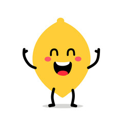 Flat vector illustration of a happy lemon character with a big smile and raised hands. Perfect for representing joy, positivity, success, or cheerful emotions