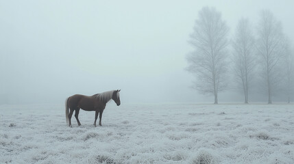 Panoramic photograph of a landscape that denotes a sad atmosphere , Lonely horse walking in the cold but hopeful landscape, the landscape is minima
