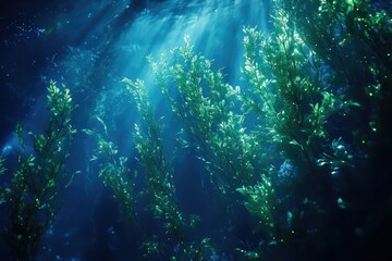 Sunbeams illuminate a vibrant underwater kelp forest, showcasing its lush greenery and tranquil beauty.