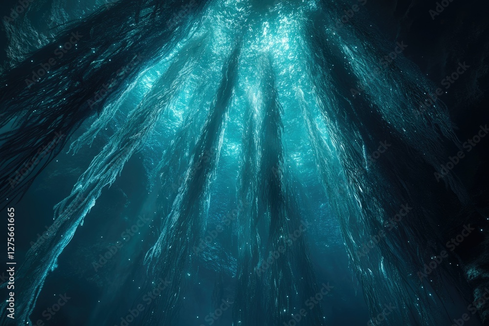 Poster sunbeams pierce a deep underwater cavern, illuminating ethereal, vertical formations resembling unde