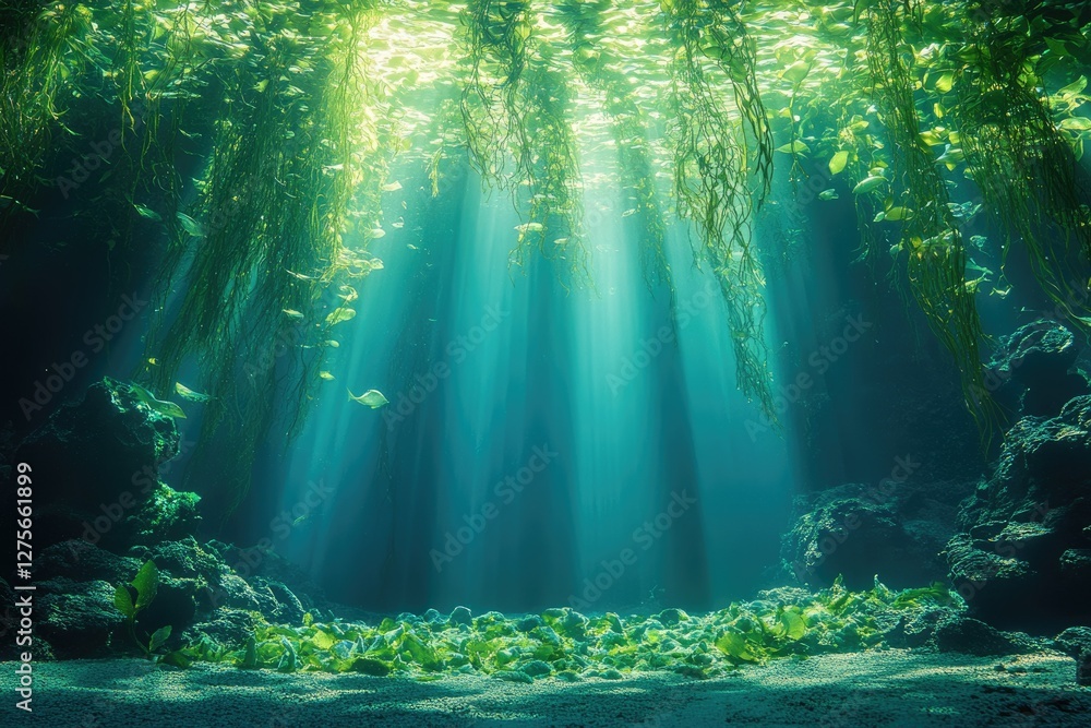 Poster sunbeams illuminate an underwater scene of lush green seaweed and rocky formations, creating a seren