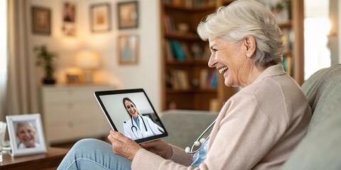 Fototapeta premium Telemedicine consultation: A smiling senior woman has an online consultation with her doctor via a digital tablet, and a framed photo in the frame, at home. 