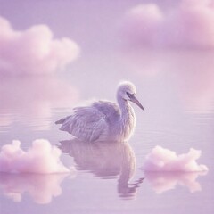 Fototapeta premium Soft lavender crane resting in a dreamy pastel lagoon, ethereal purple mist with feathery floating clouds, slightly close-up