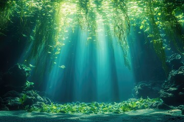 Obraz premium Sunbeams illuminate an underwater scene of lush green seaweed and rocky formations, creating a serene and magical atmosphere.