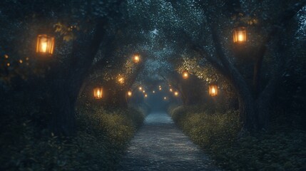 Enchanting pathway through a mystical forest at night, illuminated by hanging lanterns.