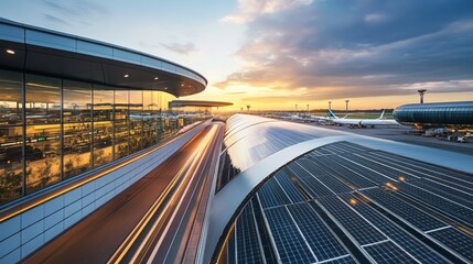 Obraz premium Modern Airport Architecture with Solar Panels and Sunset Sky