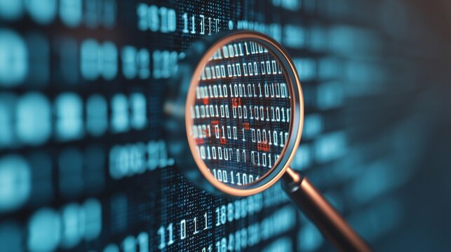 Magnifying Glass Examining Binary Code on a Blue Background with Digital Data Elements