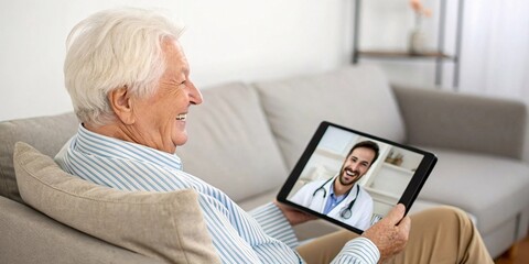 Elderly telehealth Consultation: An elderly individual sits on a cozy couch, engaging in a telehealth consultation with a friendly doctor, facilitated by a digital tablet.