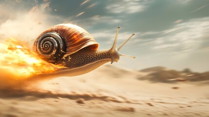 A speedy snail racing across a desert landscape, leaving a trail of flames behind it, showcasing surreal motion