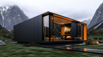 Modern black house in mountainous landscape with large windows and cozy interior