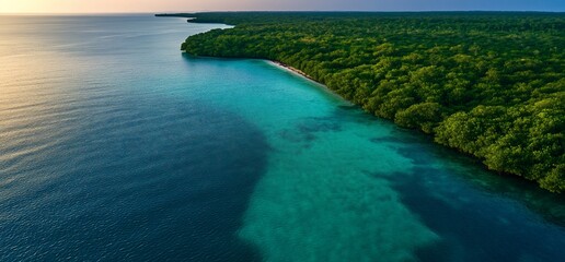Aerial view of tropical coastline with turquoise water and lush green forest