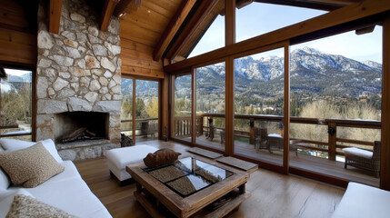 Fototapeta premium Luxurious mountain cabin interior with stone fireplace and large windows