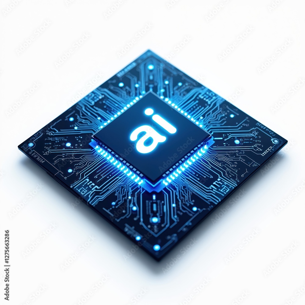 Aufkleber Technology background with glowing AI text on CPU microchip. Blue computer circuit board top view. Innovation in neural network, machine learning systems.