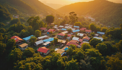 Aerial view of a rural village surrounded by lush green trees at sunset, with rustic wooden houses and golden sunlight illuminating the peaceful countryside