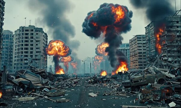 explosion war fire burning in the city