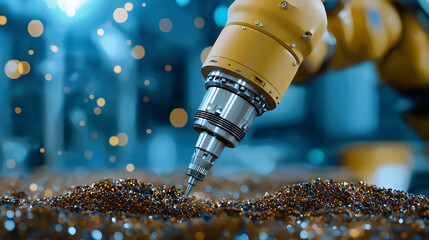 Technology at Work  A robotic arm sorting oil drill cuttings for repurposing into eco-concrete. Working for the benefit of people and society using copy space.