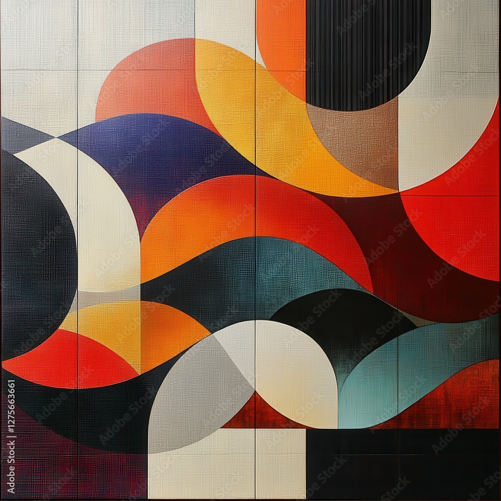 Poster abstract geometric patterns in bold colors combining curves and shapes for contemporary art and desi