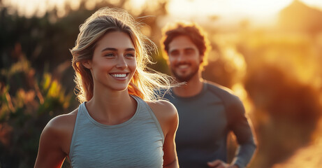 Smiling young woman jogging outdoors with a man following behind during sunset, representing fitness, health, and an active lifestyle in nature