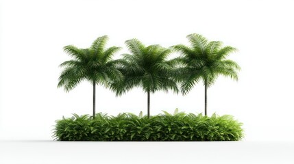 Obraz premium Tropical Trio: Three lush, vibrant palm trees with their characteristic green fronds, stand in perfect alignment atop a bed of dense green shrubbery.