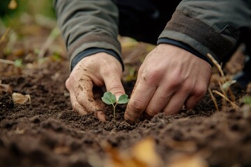 Farmer planting seedling in fertile soil, cultivating growth and sustainability