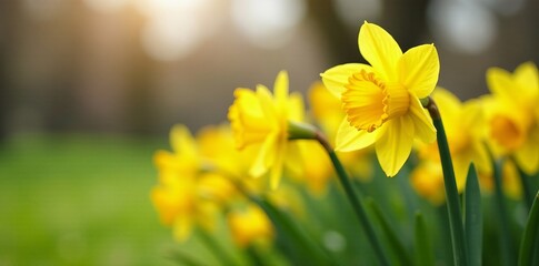 Fototapeta premium Close-up of blooming daffodils in spring garden, garden, petals, bloom