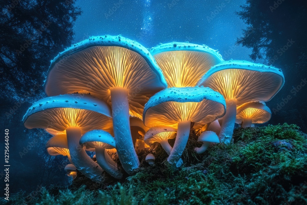 Aufkleber glowing mushrooms illuminate a mystical forest at night, creating a magical and enchanting scene.
