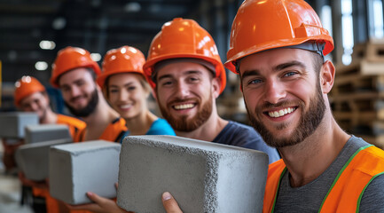 A smiling group of male and female construction workers holding gray cement blocks at an industrial factory. The image has vibrant colors and appears to be studio-lit.