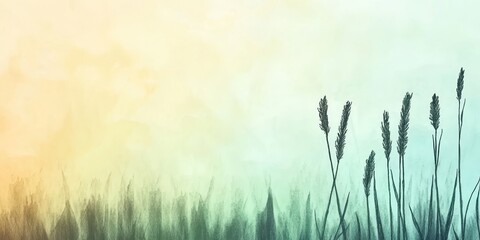 Tranquil Watercolor Scene Detailed Floral Silhouette against a Soft Cream and Green Wash