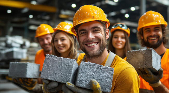 A smiling group of male and female construction workers holding gray cement blocks at an industrial factory. The image has vibrant colors and appears to be studio-lit.